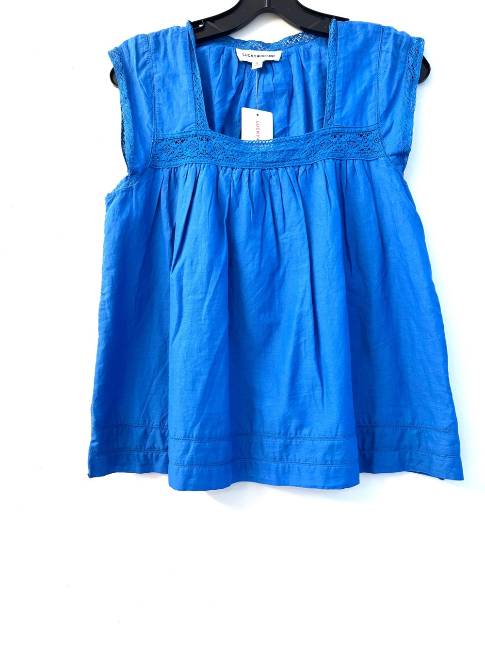 Lucky Brand Bright Blue Sleeveless Cotton Top with Lace Trim